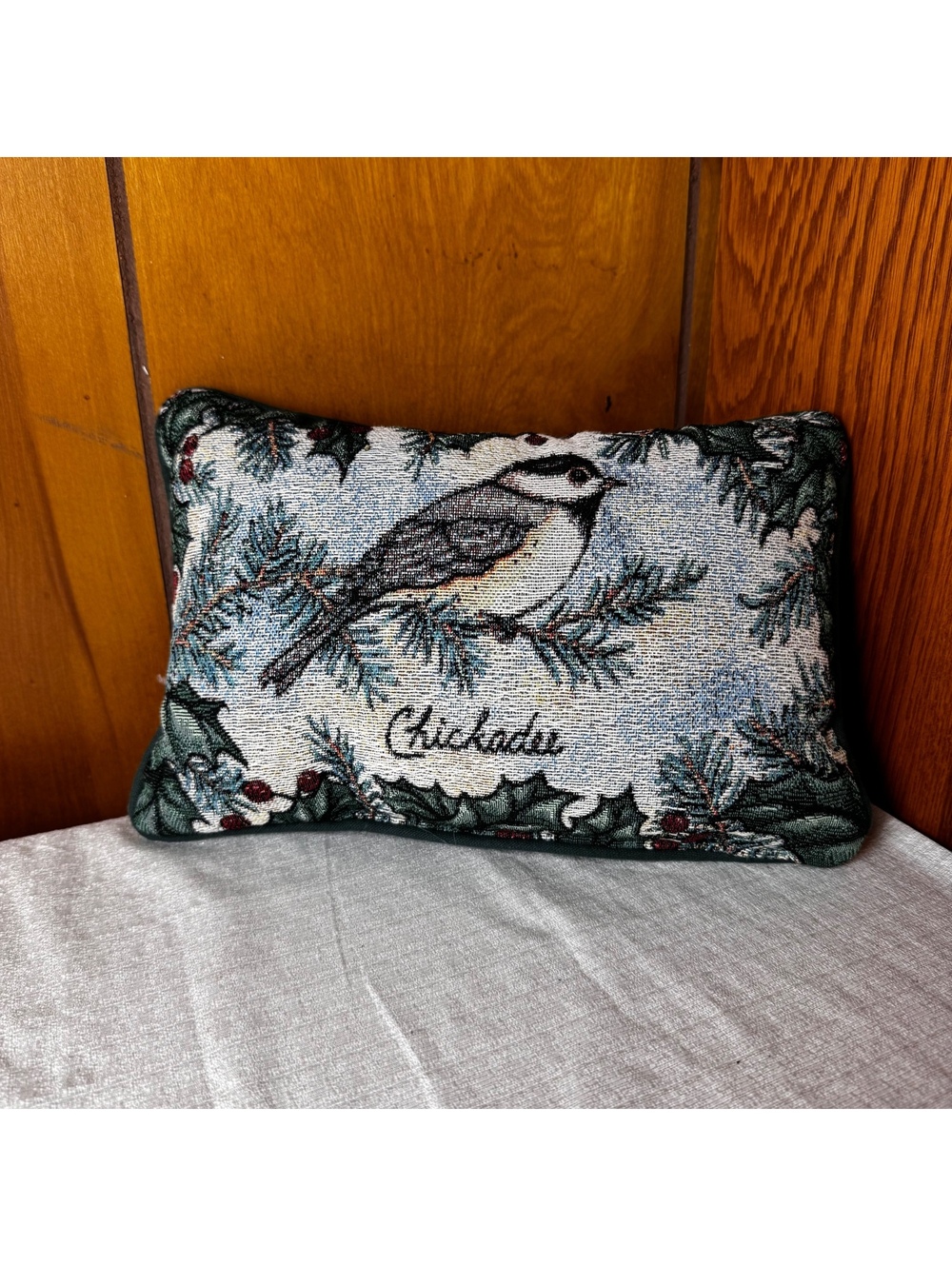 Vintage Chickadee Tapestry Pillow 8x12 Christmas Winter Bird Accent Pillow